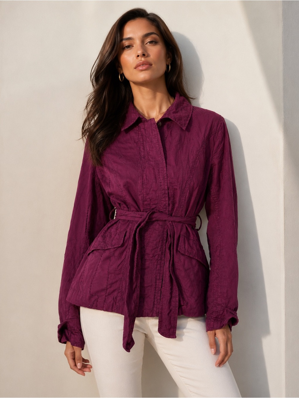 Coldwater Creek Embroidered Jacket Burgundy Tie Waist Cotton Petite P10